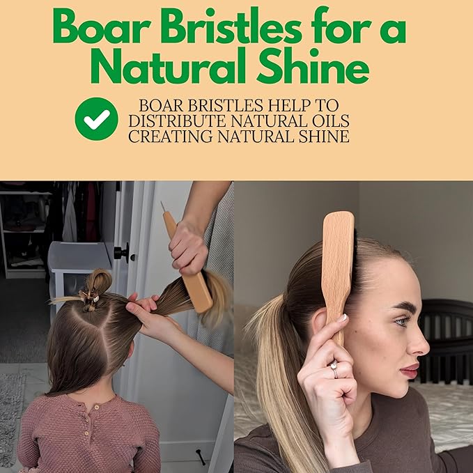 GranNaturals Smoothing & Styling Middle Part Boar Bristle Slick Back Hair Brush w/Narrow Metal Rat Tail End for Sectioning and Parting Sleek Ponytail Bun - Teasing, Backcombing, Edge Control