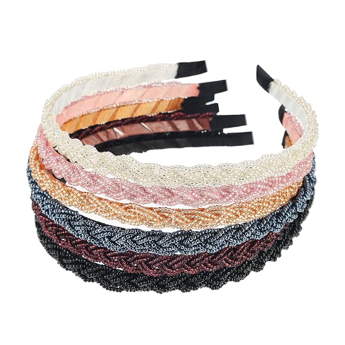 MTLEE 6 Pieces Beaded Headbands for Women Sparkly Crystal Beaded Hair Hoop Hairbands Multiple Color Hair Accessories Head Bands Christmas Gift(Classic Colors)