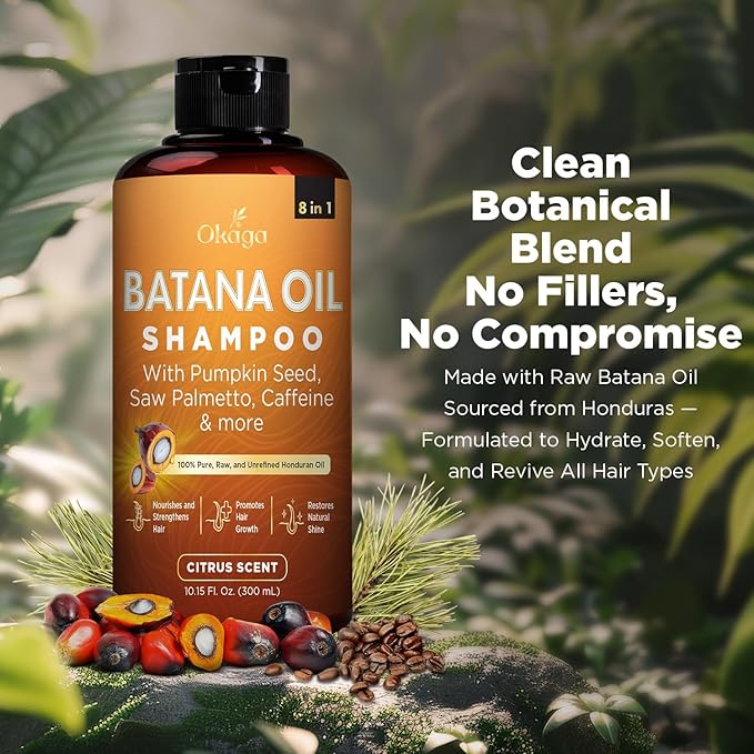 Batana Oil Shampoo for Hair Growth, Aloe Vera Leaf Juice, Saw Palmetto, Caffeine, Hydrolyzed Rice Protein, Pumpkin Seed, Castor & Rosemary Oils, 8-in-1 Natural Formula (10.15 fl oz Citrus Scent)