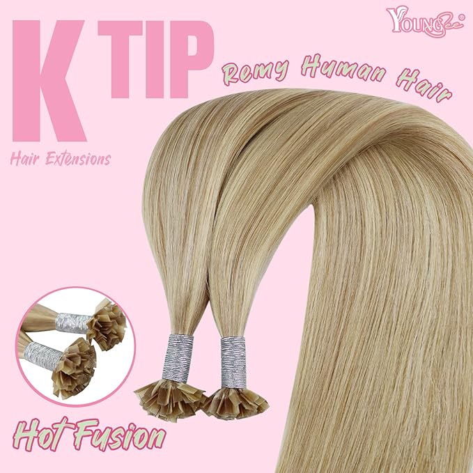 YoungSee K Tip Hair Extensions Human Hair Blonde Highlight Ktip Human Hair Extensions Golden Blonde Highlight 14inch 50s/50g