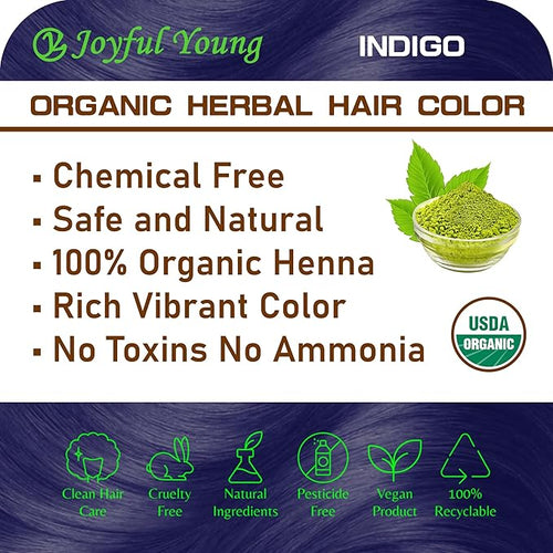100% Organic Henna Hair Color – Natural, Chemical-Free Hair Dye for Rich, Vibrant Color & Gloss – Grey Coverage, Safe for All Hair Types, Vegan Non-Toxic, Herbal Hair Treatment (INDIGO)