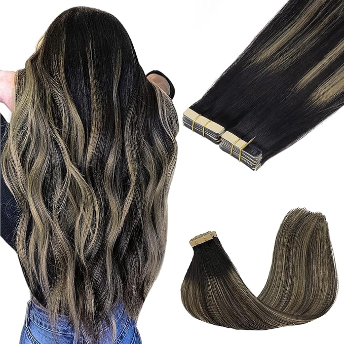 GOO GOO Tape in Hair Extensions Human Hair, 1B/19/1B Natural Black to Light Blonde, 24inch 100g 40pcs, Skin Weft Seamless Invisible, Silky Straight with Thick Ends, Remy Human Hair