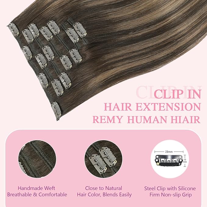 PINKPEARL Clip in Hair Extensions Human Hair Extensions, #2/6/2 Balayage Dark Brown to Chestnut Brown 120g 7pcs 16 Inch Real Human Hair Extensions Clip in Straight Remy Silky Weft(#2/6/2-16)