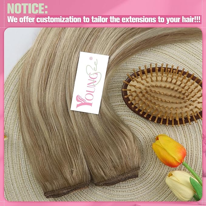 YoungSee 130G Light Brown Wire Hair Extensions for Women Balayage Human Hair Wire Extensions Light Brown Mix Platinum Blonde Fish Line Hair Extensions Human Hair 22Inch
