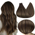 Full Shine Tape in Human Hair Extensions 18 Inch Adhesive Hair Extensions 50G 20Pcs Glue on Hair Extension Color 2 Darkest Brown Ombre 8 Ash Brown and 2 Seamless Tape in Hair Extensions for Wedding