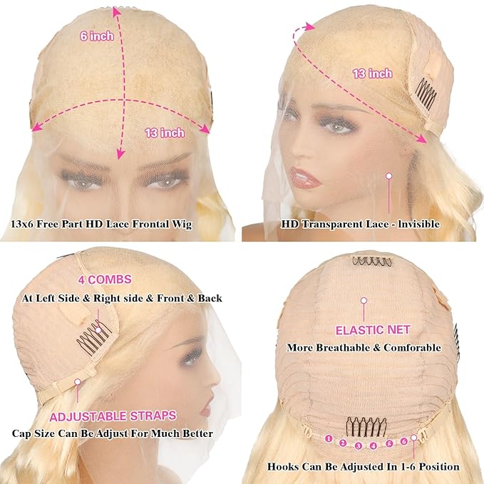613 Blonde Lace Front Wig Human Hair 200 Density 613 Frontal Wig 13x6 HD Transparent Lace Blonde Wig Body Wave Full & Thick Hair 24 Inch