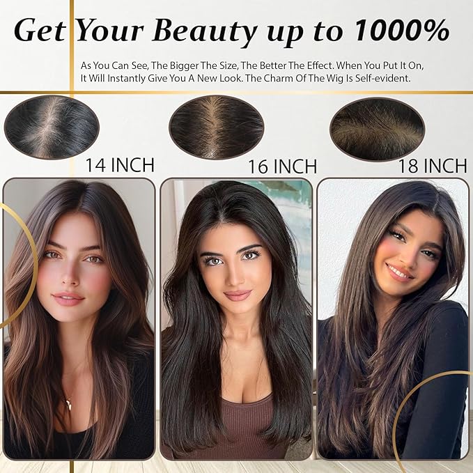 Hair Toppers for Women Real Human Hair, 360° 3D Human Hair Toppers for Women with Thinning Hair Upgrade Middle Part Clip in Bangs (Mocha Brown NEW, 18 Inch-3D-Side)
