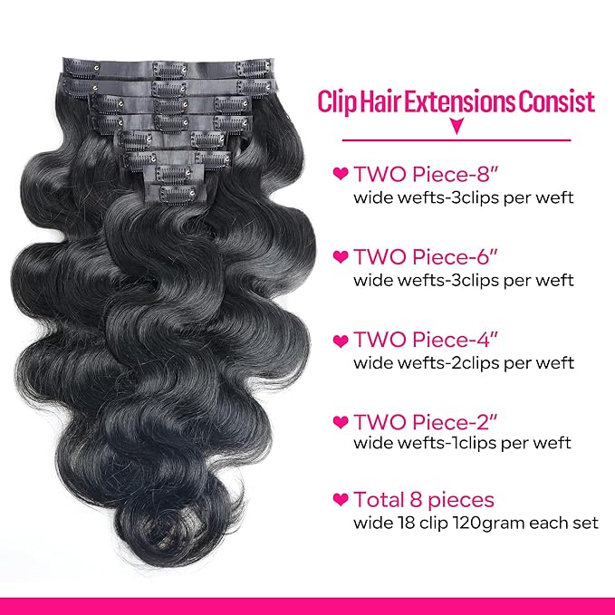 Seamless Clip in Hair Extensions Human Hair Body Wave Human Hair Clip in Extensions 8Pcs PU Clip ins Remy Hair for Women Invisible Skin Weft 18Clips 120g 14inch Natural Black