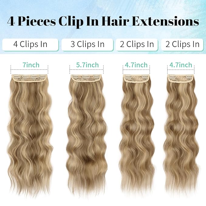 KooKaStyle Clip in Synthetic Hair Extensions Long Wavy 4PCS Thick Hairpieces Light Brown mix Golden Blonde Fiber Double Weft Natural Hair Extensions 24 Inch for Women