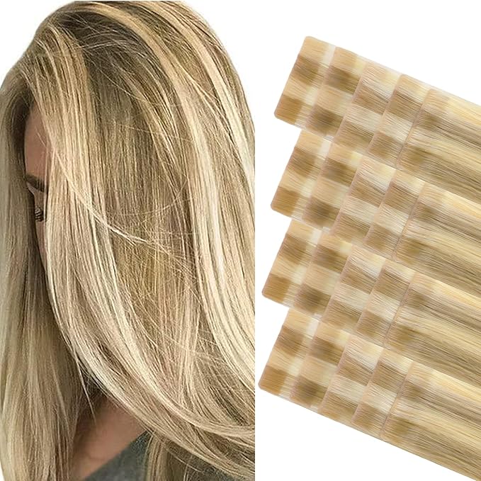 GOO GOO Invisi Edge Tape in Hair Extensions Human Hair, 16/22 Light Blonde Highlighted Golden Blonde 20pcs 24inch 50g, Virgin Remy Hair, Seamless Injected Tape, Natural Look
