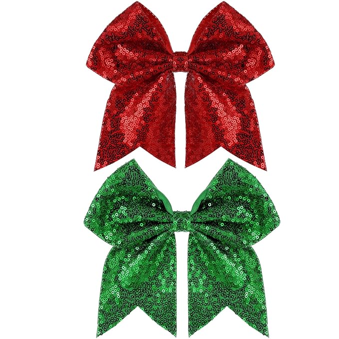 Large Big 7 Inch Glitter Bow Clip Sequin Bling Party Hair Accessories for Women Teens Girls Kids 2 Pcs (Red, Christmas Green)