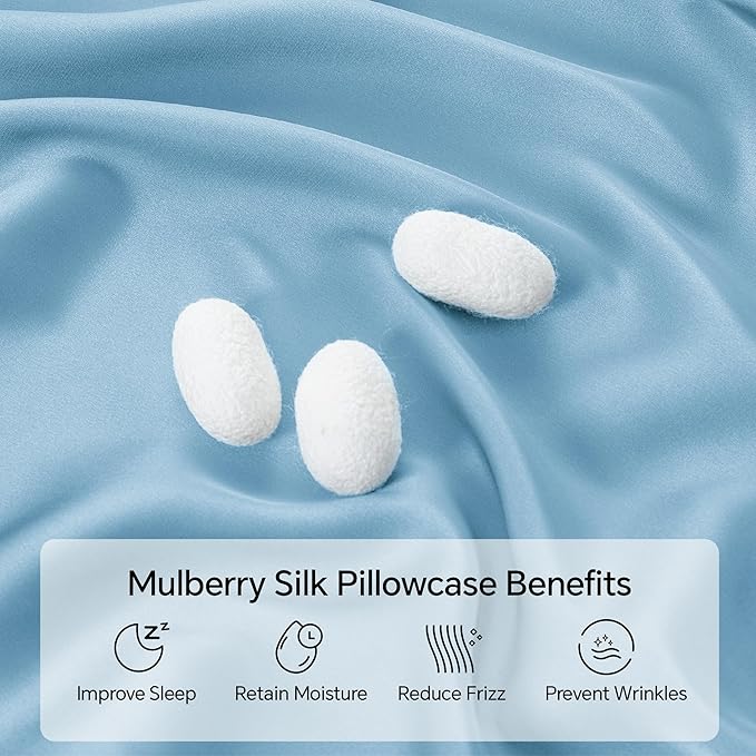 INFIIXSO Mulberry Silk Pillowcase for Hair and Skin, Silk Pillow Cases Queen Size Set of 2 with Hidden Zipper 20x30 Inches, Smooth and Soft Cooling Pillow Cases for Hot Sleepers(Light Blue, 2 Pack)