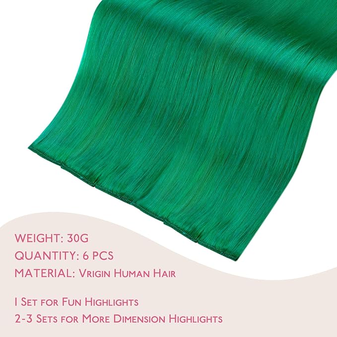 WENNALIFE Green Clip in Hair Extensions Real Human Hair 35g 6pcs 14 Inch Colored Hair Extensions for Kids Women Colorful Hair Pieces Pop-up Style Straight Extensiones De Cabello Humano Con Clip