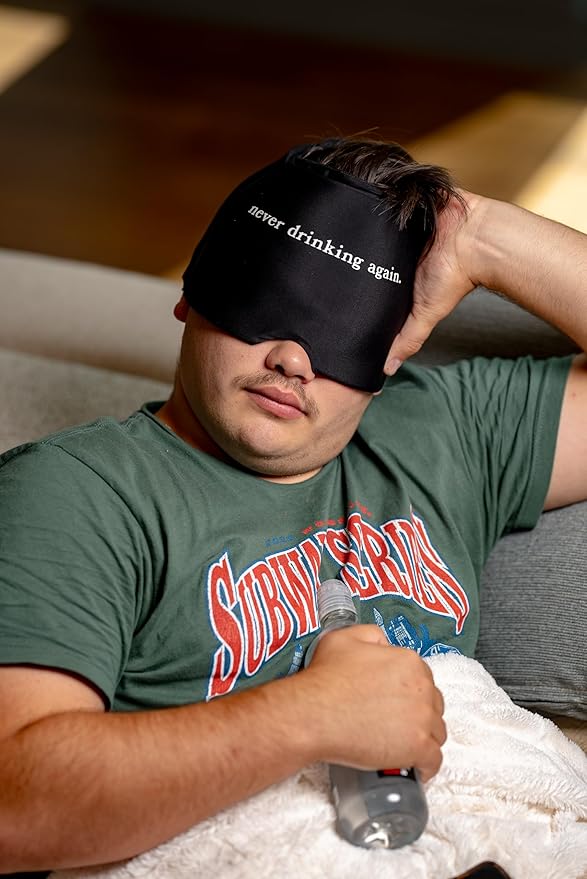 Huggs Migraine Relief Cap - Never Drinking Again - Cooling Gel Head Wrap, Cold Compress Cap for Headache, Stress, & Tension