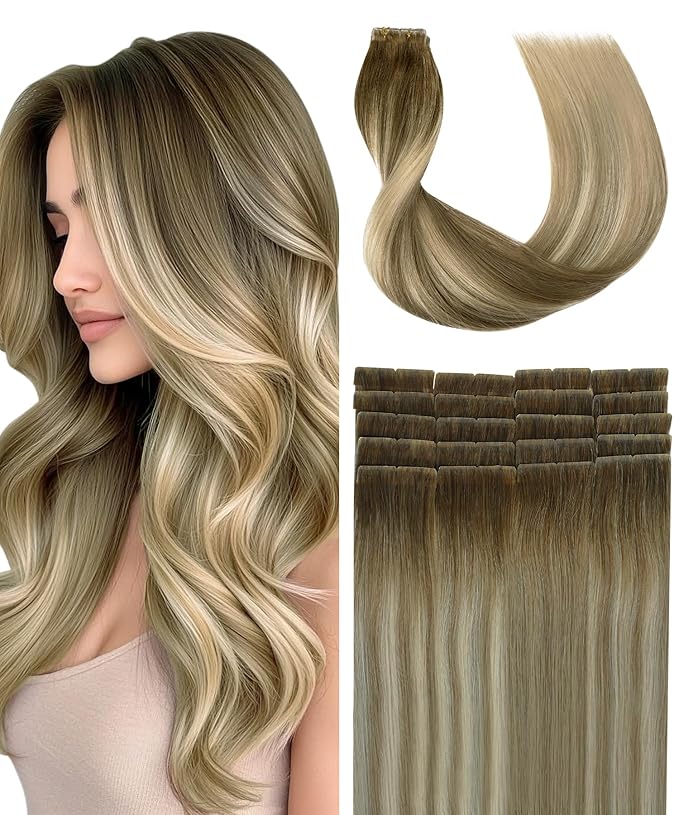 SURNEL Injected Tape in Hair Extensions Human Hair 20 Inch Walnut Brown to Ash Brown and Golden Blonde Invisible Tape in Extensions 20 Pcs 45g(#3822,20)