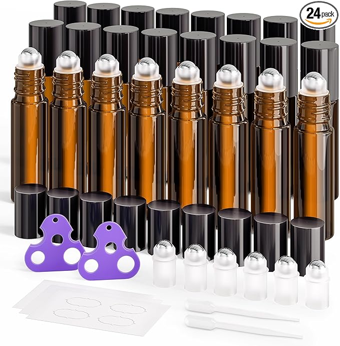 ULG 24-Pack Essential Oil Roller Bottles 10ml, Empty Bottles with Stainless Steel Roller Balls and Waterproof Labels, Amber Roller Balls For Essential Oils