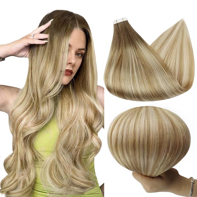 Full Shine 12Inch Tape in Hair Extensions Human Hair Color 6 Brown Fading to 27 and 60 Platinum Blonde Double Sided Tape in Hair Extensions Balayage Human Hair Extensions Tape in 20Pcs 30G