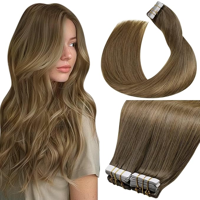 LaaVoo Human Hair Tape in Extensions Balayage Tape in Hair Extensions Human Hair Ombre Brown to Light Brown Mix Golden Brown Tape on Extension Invisible 22 Inch 100g 40pcs