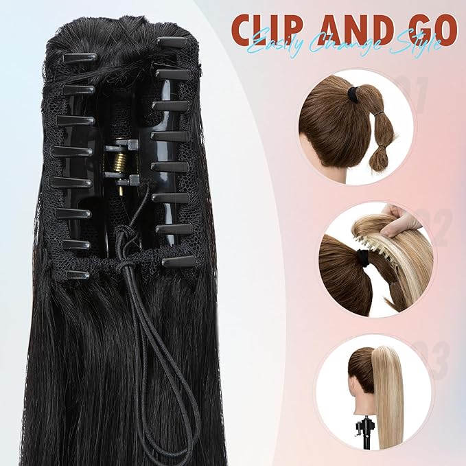 Hairro Claw Clip In Ponytail Extensions 100% Real Human Hair Long Straight Jaw/Claw Clips Pony Tail Hairpieces For Women 22 Inch 120g #01 Dark Black