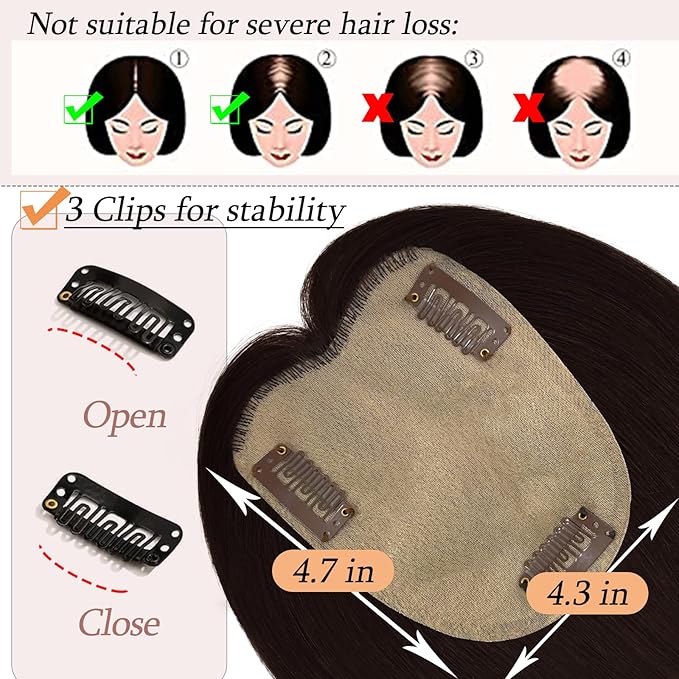 Human Hair Toppers for Women with Thinning Hair Real Human Topper Crown No Bangs 10 Inch #2 Dark Brown