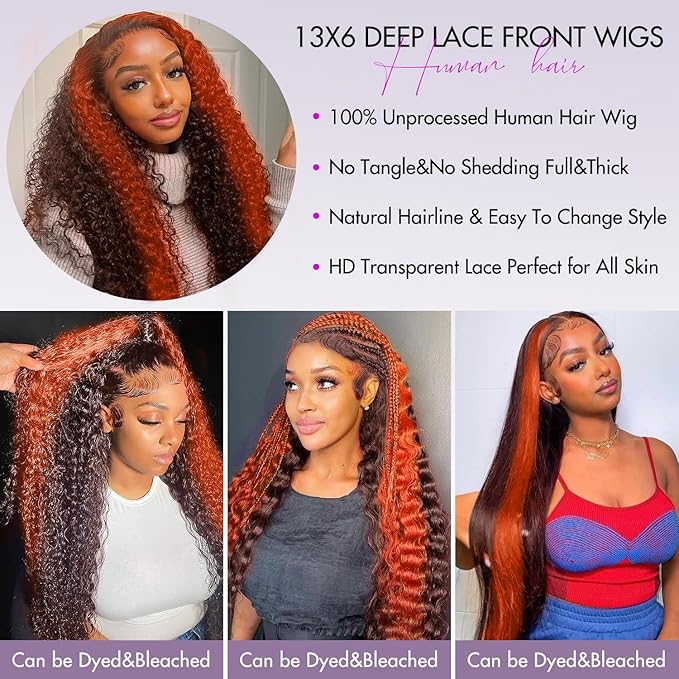 250 density Ginger Deep Wave Lace Front Wigs Human Hair Pre Plucked Hairline Glueless Wigs for Women 13x6 HD Lace Front Wigs Ginger Orange Curly Human Hair Wig Brazilian Hair 30 Inch