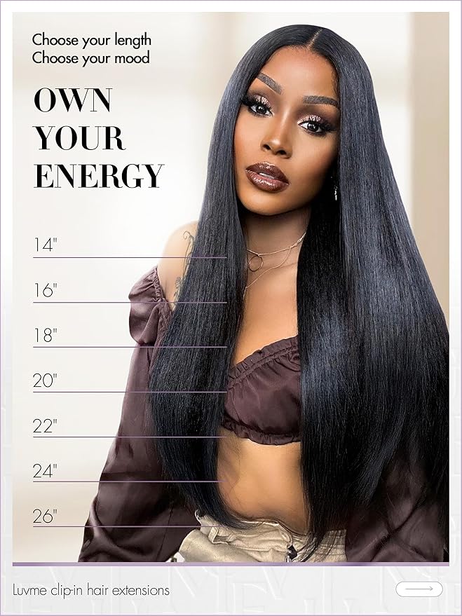 LUVME Yaki Straight Seamless 70g 4Pcs Clip in Hair Extensions Full Max with 24inch Remy Human Hair Clip ins Extensions, Natural Black 100% Real Soft Hair