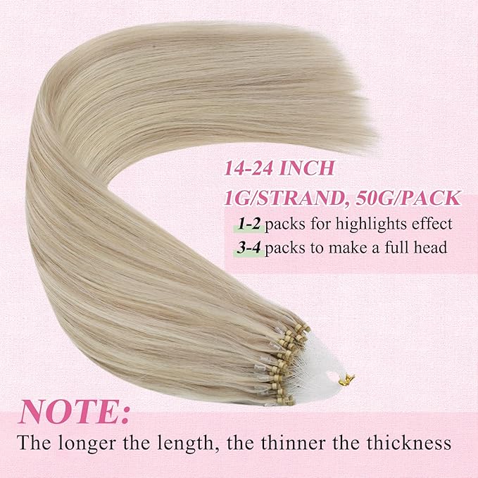 YoungSee Micro Beads Hair Extensions Blonde Micro Loop Hair Extensions Real Human Hair Ash Blonde Mix Blond Highlight Beaded Hair Extension Real Human Hair for Long Hair 24 Inch 50g 50s