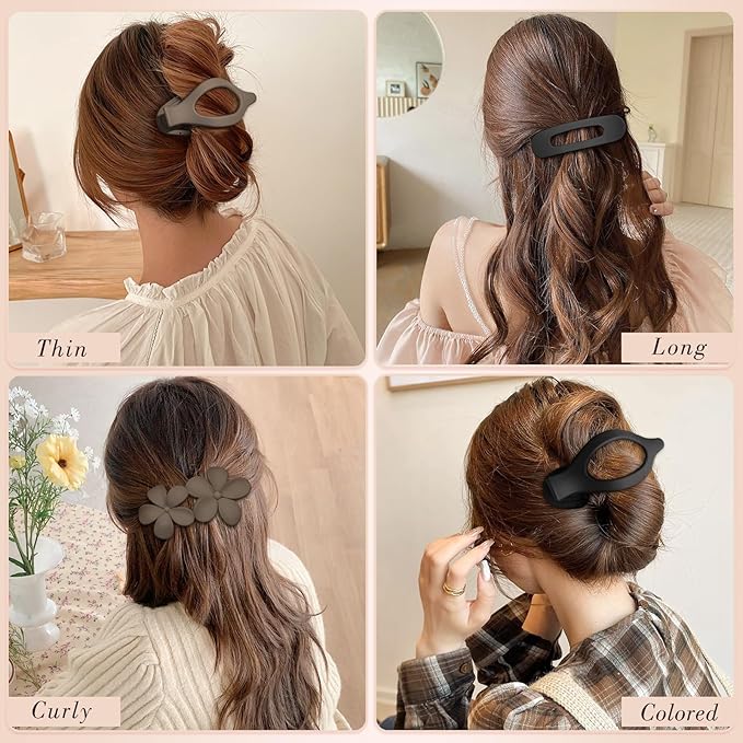 Obeoby 6 Pcs Flat Hair Clips for Women, 3 Types French Flat Claw Clips Hair Accessories Large Medium Barrettes Flowers Duckbill Stocking Stuffers Christmas Gifts (Coffee, Black)