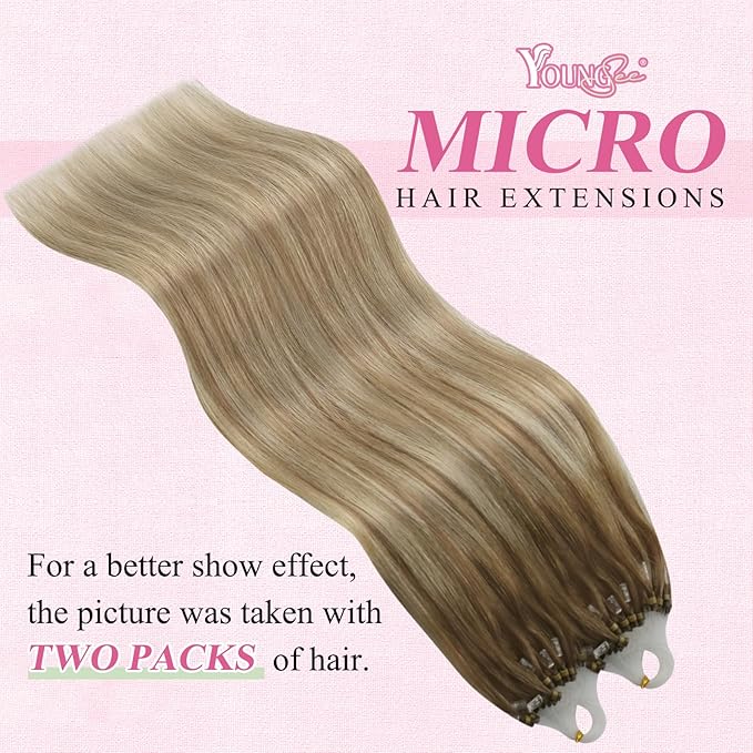 YoungSee Micro Bead Hair Extensions Real Human Hair Ombre Micro Loop Hair Extensions Real Human Hair Balayage Brown Micro-Ring Hair Extension Light Brown Balayage Blonde 16In 50s 50g