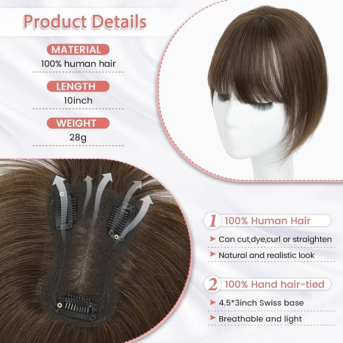 YAMI Hair Toppers for Women Real Human Hair Toppers for Women with Thinning Hair Topper with Bangs (Medium Brown)