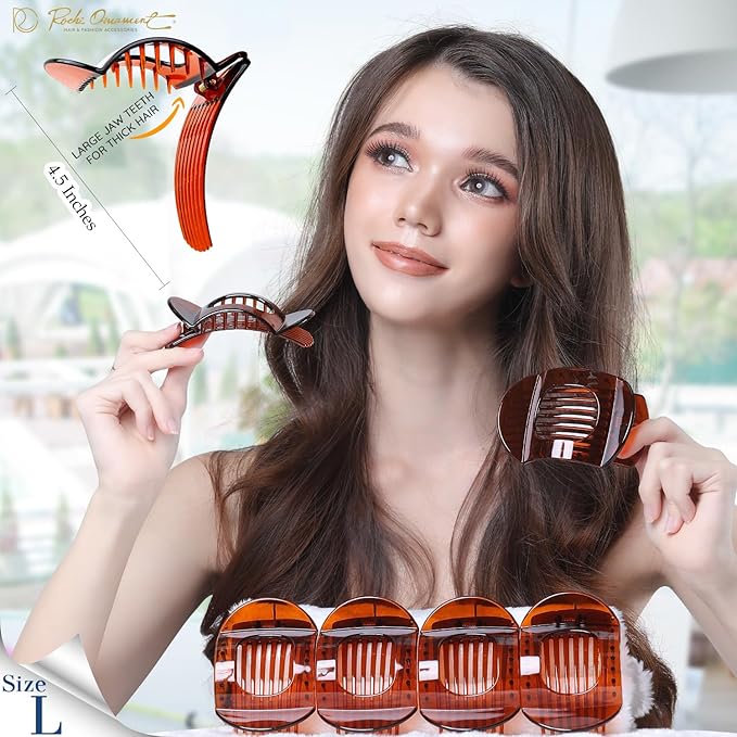 RC ROCHE 6 Pcs Flat Claw Hair Clips for Women Thick Hair French Round Duckbill Square Secure Strong Hold Grip Clamps Barrettes Curved No Slip No Crease Styling Cute Extra Jumbo XL, Large Brown