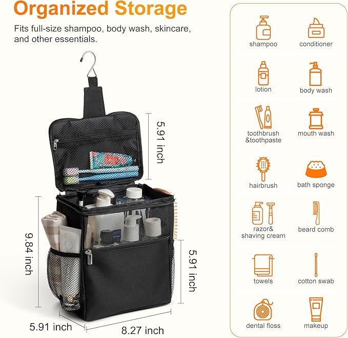Mesh Shower Caddy Hanging Portable, Bathroom Caddy Organizer for College Dorm Essentials, Shower Tote Bag with Built-in Hook for Beach, Swimming, Gym camping Black