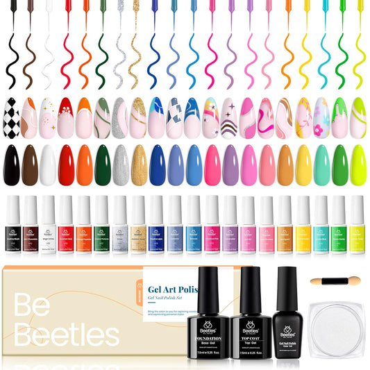 Beetles Gel Liner Nail Art Polish Set Pastel Gel Nail White Gold Red Glitter Neon French Tip Nails Polish Paint Swirl Built Thin Brush in Bottle Soak off Uv Lamp Nails Art Kit Gifts for Women