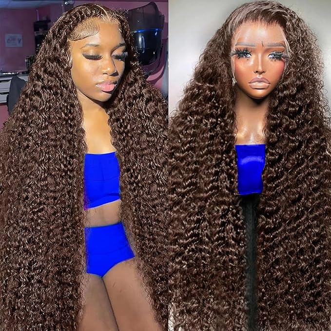 250% Density 13x6 FULL SKINLIKE HD Chocolate Brown Deep Curly lace front wigs Pre Plucked Real 0.10mm Ultra-thin Invisible Water Wave HD Lace Front Wigs Human Hair Small Knots Full Virgin Hair 26 Inch