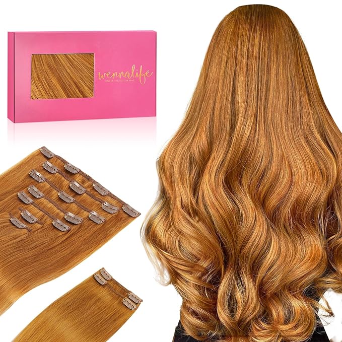 WENNALIFE Clip in Hair Extensions Real Human Hair, 14 Inch 150g 9pcs Human Hair Extensions Clip In, Auburn Ginger Hair Extensions Clip In Real Hair Coloured Remy Human Hair Extensions