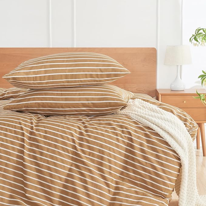 JELLYMONI 100% Natural Cotton Striped Queen Pillowcases Set, 2 Pack Rust and White Stripes Pattern Printed Pillow Covers with Envelope Closure(Pillows are not Included)
