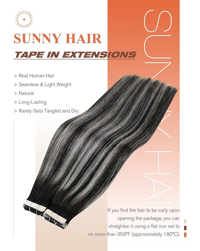 Sunny Hair Tape in Hair Extensions Real Human Hair Invisible Remy Hair Extensions Tape ins for Women Natural Black Roots to Silver Grey Balayage 14 inch 20Pcs 50G