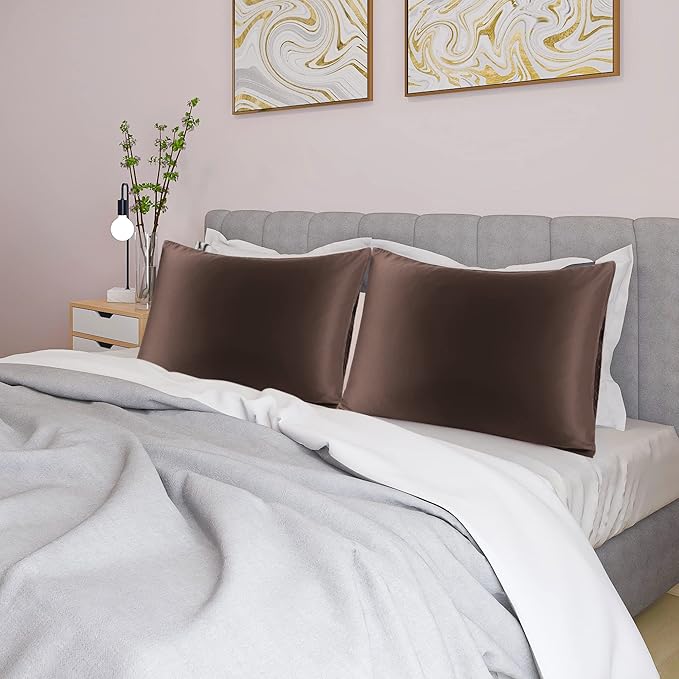 uxcell 2 Pack Silk Satin Pillowcase for Hair and Skin, Cool, Silky, Soft Breathable Pillow Cases Queen Size 20x30 Inch Sateen Pillowcase Brown with Envelope Closure