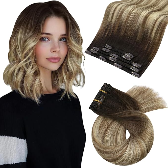 Moresoo Real Hair Extensions Clip in Human Hair Balayage Dark Brown to Medium Brown with Bleach Blonde Ombre Clip on Hair Extensions Human Hair Straight 5 Pieces 80G 14 Inch