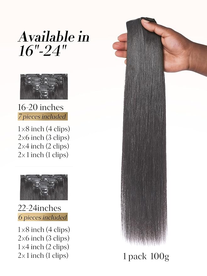 LUVME 0.59mm Zero Trace Invisible Clip in Hair Extensions, Yaki Straight 6 Pcs 100g 24 Inch, 100% Real Human Hair Clip Ins, Wider Wefts for Easy Sectioning and Long Yaki Length for Glam Looks