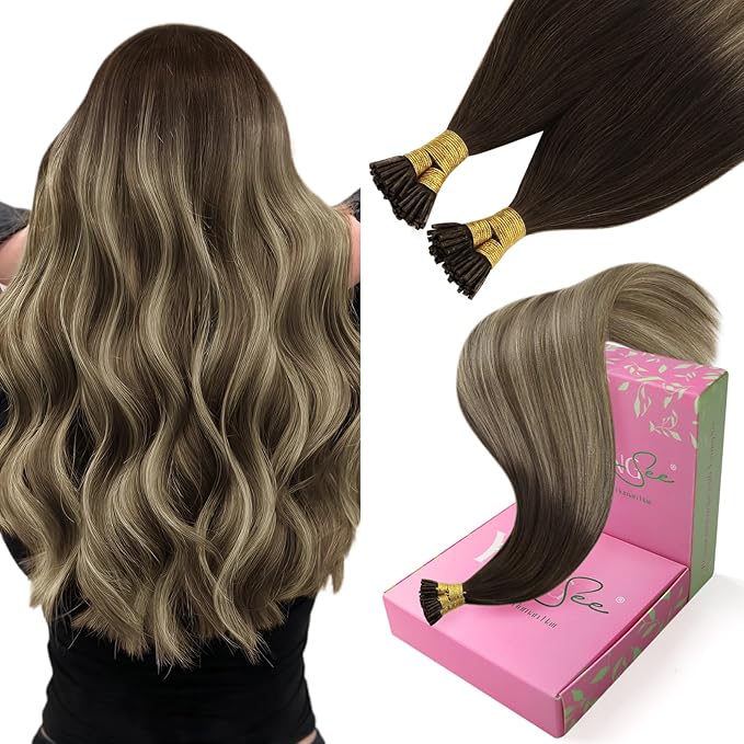 YoungSee I Tip Hair Extensions Dark Brown Ombre Blonde Itip Human Hair Extensions Balayage I Tip Extension Human Hair Pre Bonded Hair Extension Easy to Apply 22 Inch 50g 50s