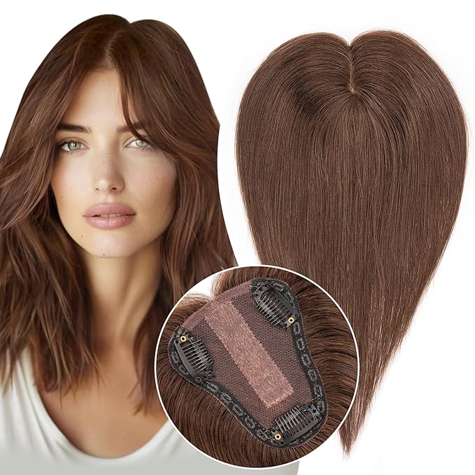 S-noilite Hair Toppers for Women Real Human Hair 3D 360° Cover Clip in 100% Real Human Hair Toppers 3″*4″ Clip in Silk Base 12 inch Chestnut Brown