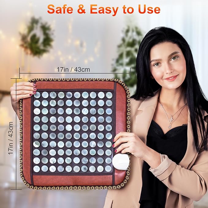 Natural Blue Jade Heating Pad, Infrared Heating Pad, Far Infrared Heating Pads with Travel Bag and Chair Strap, Smart Controller with Memory Function, Auto Shut Off (Brown, 17 in x 17 in)