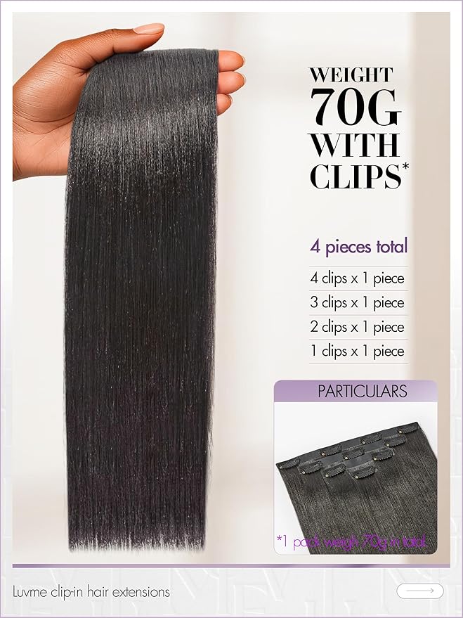 LUVME Yaki Straight Seamless 70g 4Pcs Clip in Hair Extensions Full Max with 22inch Remy Human Hair Clip ins Extensions, Natural Black 100% Real Soft Hair