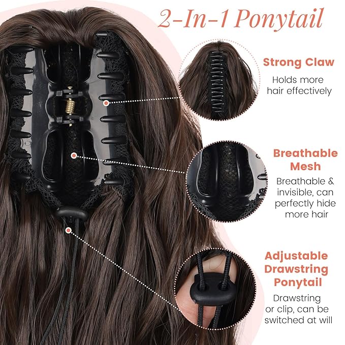 Ponytail Extension, 18 Inch Claw Clip Ponytail Extensions Wavy Ponytail Hair Extension for Women Fluffy Natural Synthetic Jaw Clip on Pony Tails Hairpiece for Daily Use (Dark Brown)