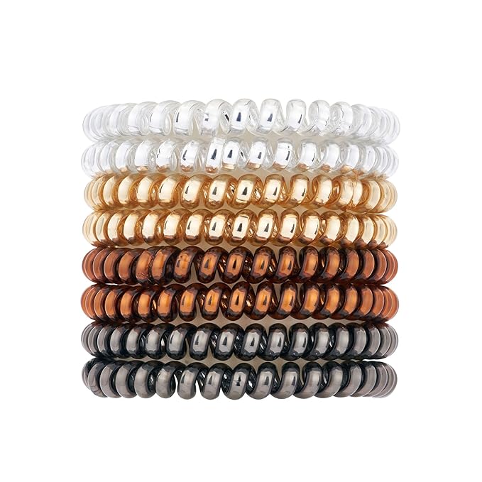 Metallic Luster Spiral Hair Ties, 8 Pcs - Thin, No Crease Phone Cord Hair Ties for Women with Thick Hair, Ponytail Holders, Waterproof, Smooth and Hygienic for All Hair Types