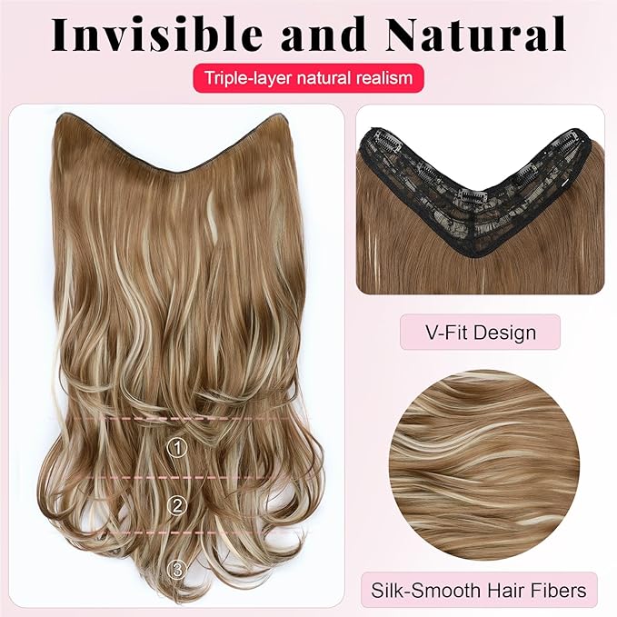 ALXNAN Long Wavy Hair Extensions for Women, Clip in Hair Extensions Clip Ins Soft Full Head Synthetic Hairpieces 20 Inch Medium Brown Ash Blonde