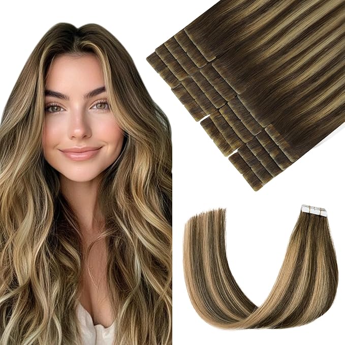Pinkpearl Invisible Tape in Hair Extensions Human Hair, 20pcs 14inch 40g #4/27/4 Balayage Chocolate Brown to Caramel Blonde Injection Tape in Extensions Real Remy Seamless Human Hair Injected