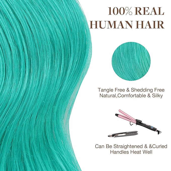 GOO GOO Tape in Hair Extensions Human Hair, Teal Green, 10inch 20g 10pcs, Colored Tape ins Human Hair Extensions, Silky&Soft Invisible Tape Ins, Hair Highlighted for Party