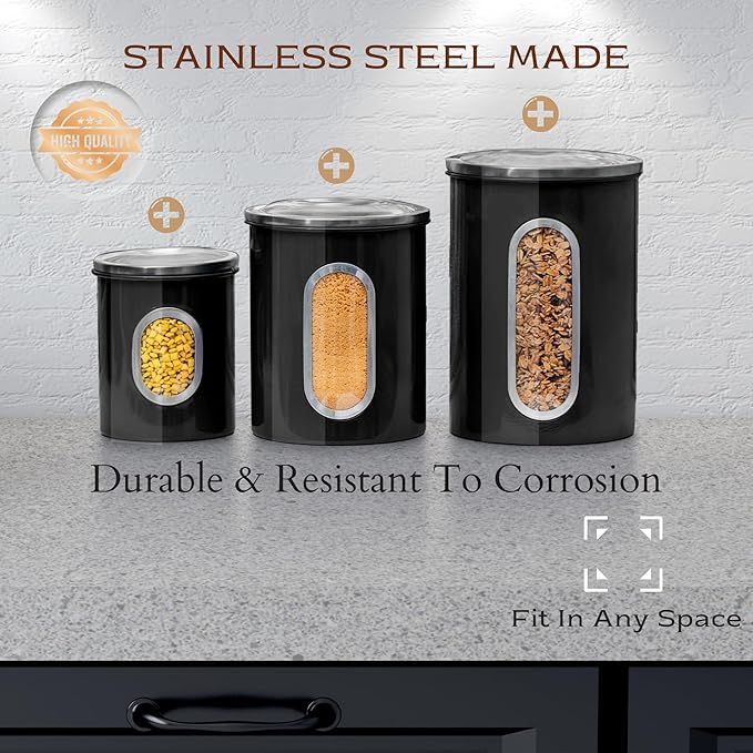 Moss & Stone 3-Piece Black Canisters Sets For The Kitchen, Airtight Canister Set With See Through Window, Storage Jars for Coffee Container, Tea Organizer & Sugar Canister, Black Kitchen Canisters